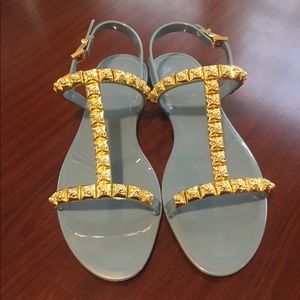 Stuart Weizman Blue sandal w/ gold embellishments